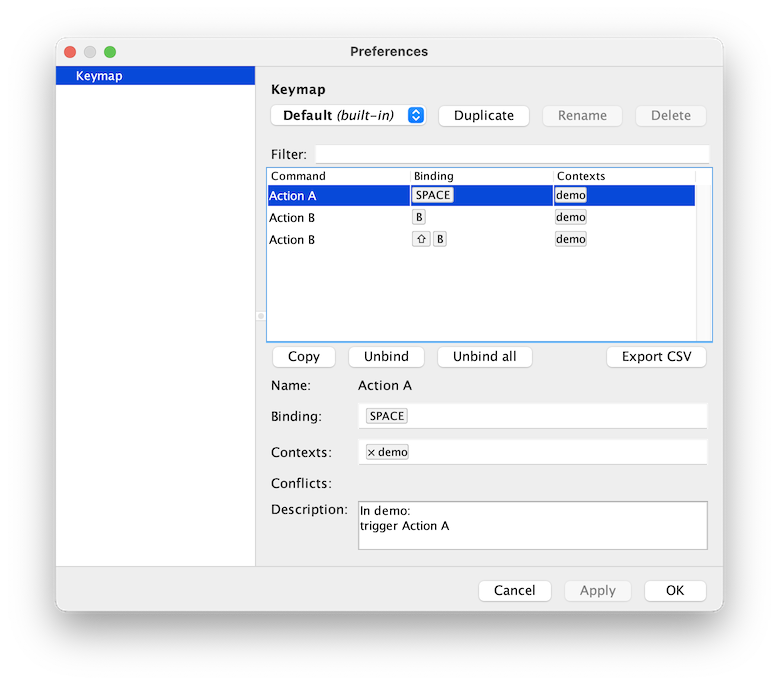 Keymap settings in the preferences dialog